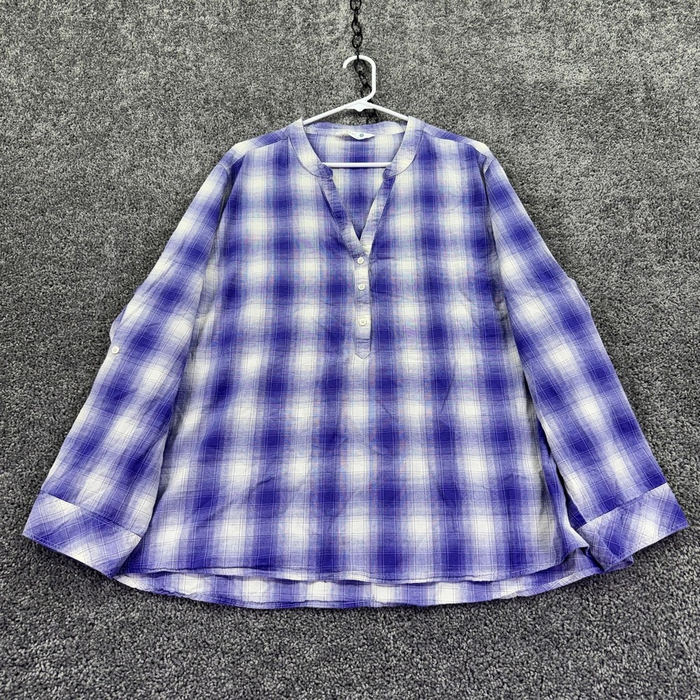 Riders By Lee Blouse Womens 3X Purple Plaid Roll Tab Long Sleeve Henley Tunic